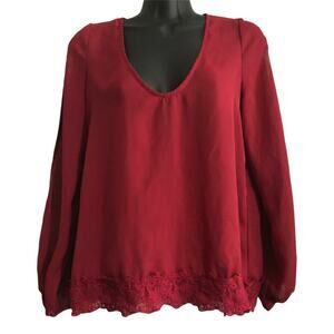 Tobi Womens Shirt Size Small Split Sleeve V Neck Lace Hem Long Sleeve Shirt Red